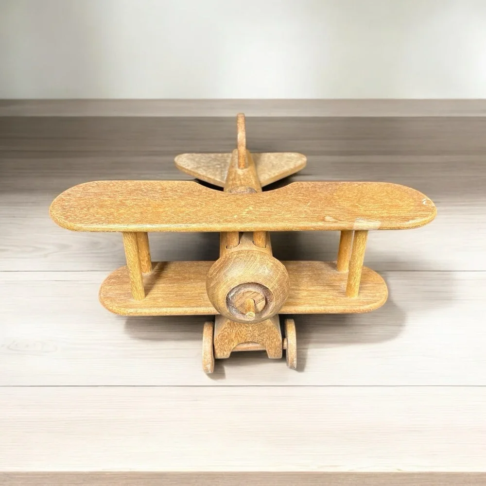 Handmade Wooden Bi-Plane Airplane Hardwood‎ Medium Stain Vintage